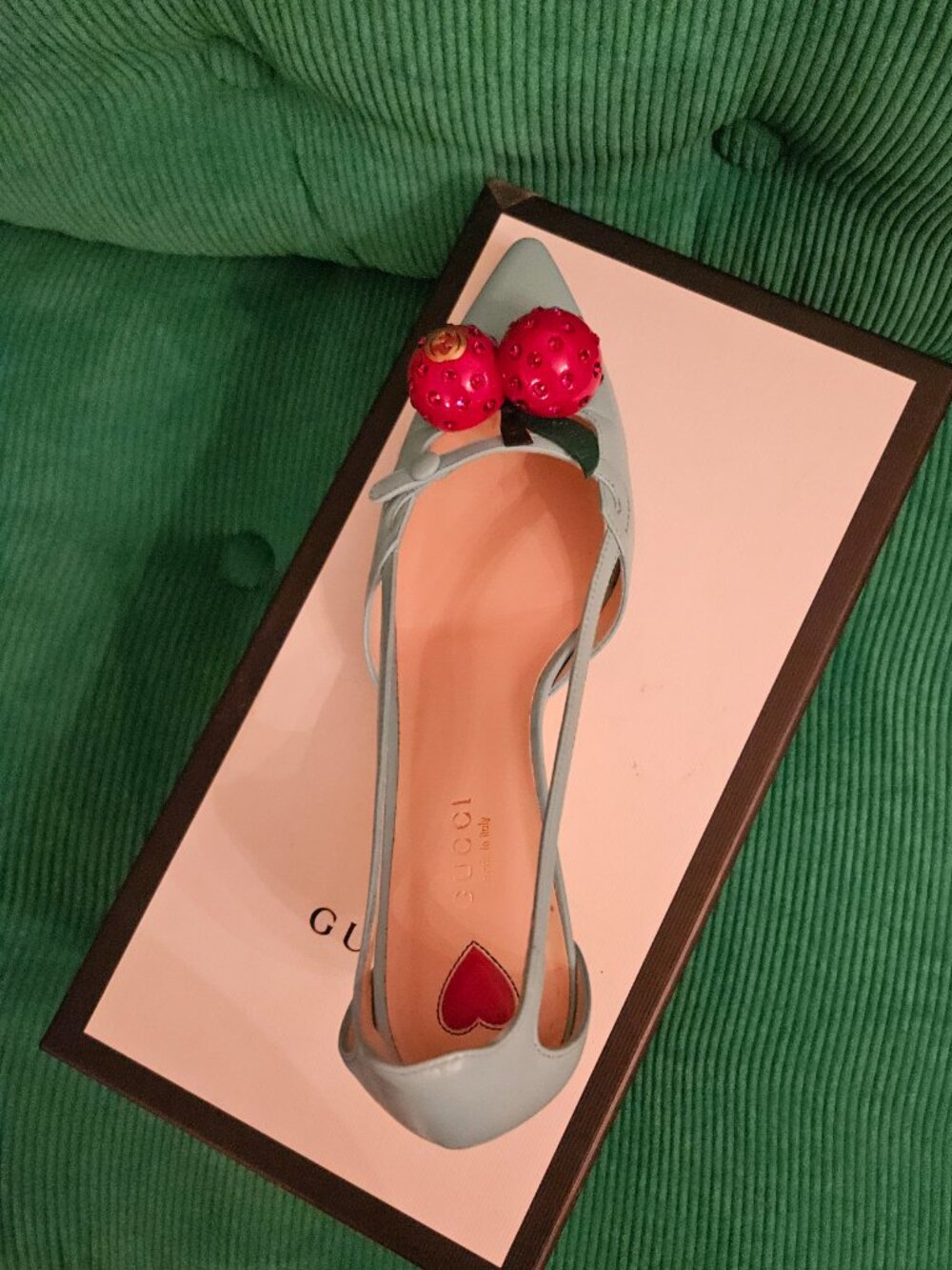 Authentic Gucci Cherry Bamboo Heel Pumps Light Blue Size 36.5 EU With Box - Picture 4 of 9